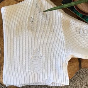 White F21 distressed off-shoulder cropped sweater
